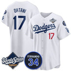 Los Angeles Dodgers #17 Shohei Ohtani White MWATKINS 2025 World Series With No. 34 Patch Limited Stitched Jersey