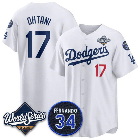 Los Angeles Dodgers #17 Shohei Ohtani White MWATKINS 2025 World Series With No. 34 Patch Limited Stitched Jersey