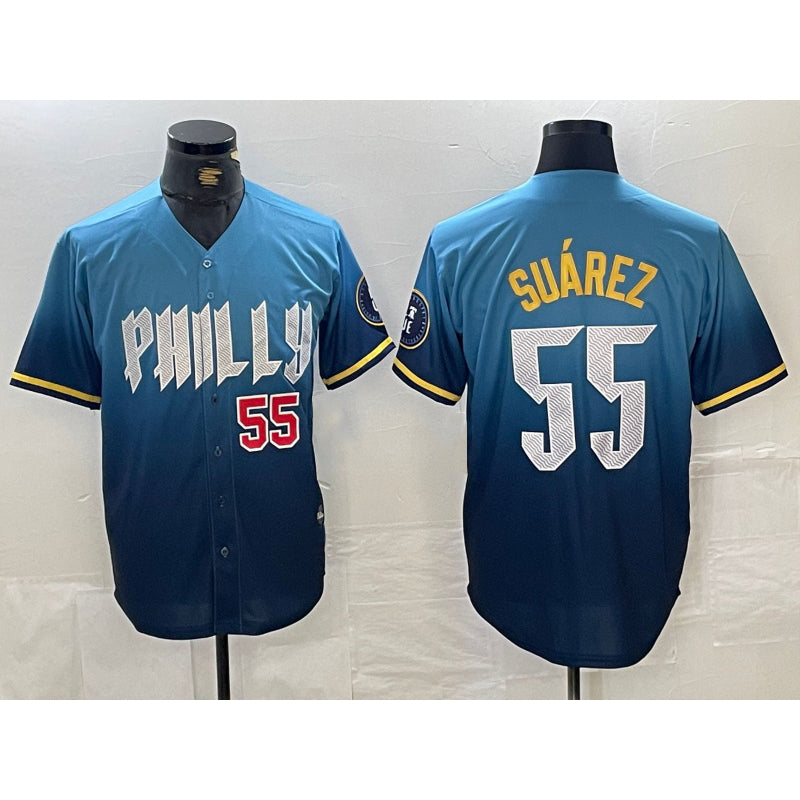 Philadelphia Phillies #55 Ranger Suarez Blue MWATKINS 2024 City Player Number Cool Base Jerseys