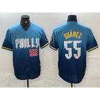 Philadelphia Phillies #55 Ranger Suarez Blue MWATKINS 2024 City Player Number Cool Base Jerseys