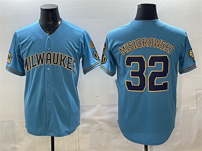 Milwaukee Brewers #32 Jacob Misiorowski Blue MWATKINS With Home & Bob Uecker Patch Stitched Jersey