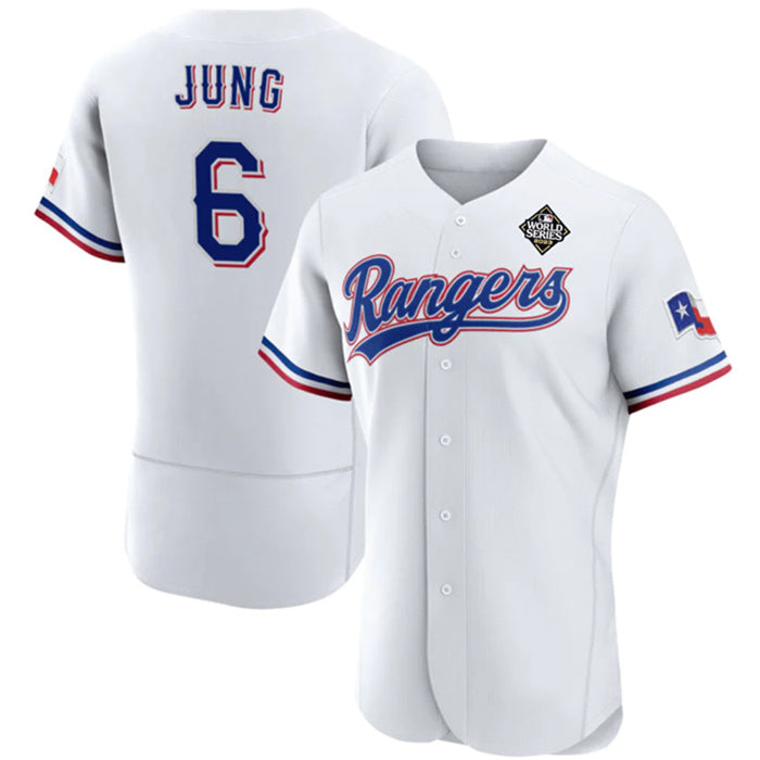 Texas Rangers #6 Josh Jung White MWATKINS 2023 World Series Flex Base Stitched Jersey