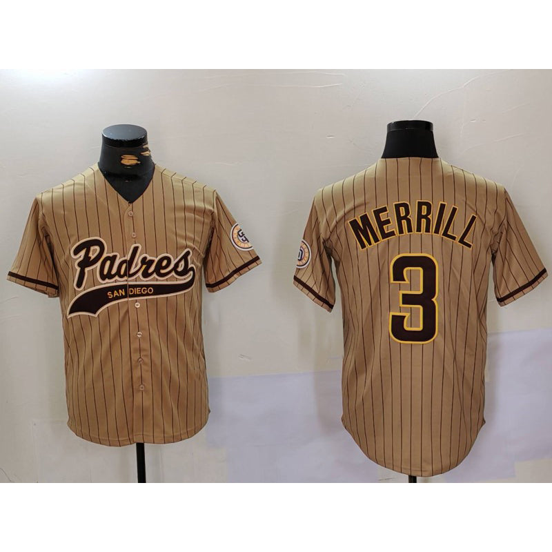 San Diego Padres #3 Jackson Merrill Tan MWATKINS 2023 Cool Base Stitched Jersey 2