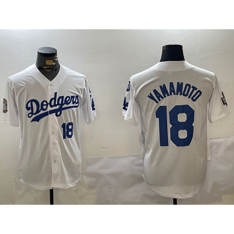 Los Angeles Dodgers #18 Yoshinobu Yamamoto White MWATKINS 2024 World Series With Fernando Memorial Patch Home Limited Stitched Jersey 2