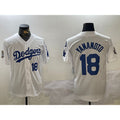 Los Angeles Dodgers #18 Yoshinobu Yamamoto White MWATKINS 2024 World Series With Fernando Memorial Patch Home Limited Stitched Jersey 2