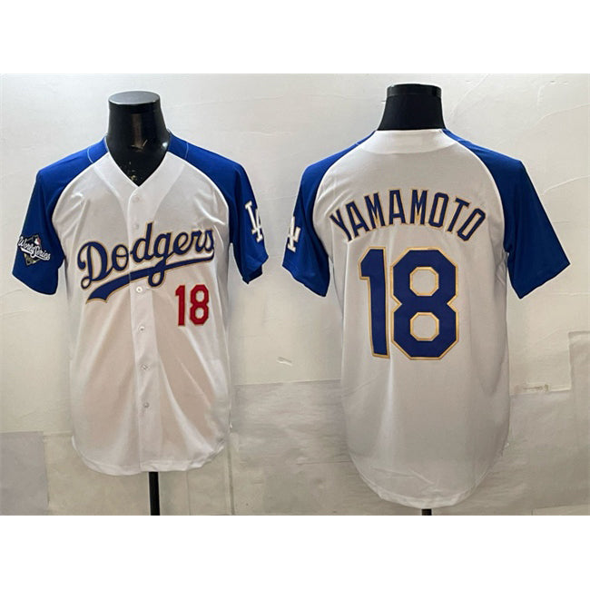 Los Angeles Dodgers #18 Yoshinobu Yamamoto White Royal MWATKINS 2025 World Series Patch Limited Stitched Jersey