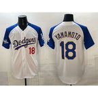 Los Angeles Dodgers #18 Yoshinobu Yamamoto White Royal MWATKINS 2025 World Series Patch Limited Stitched Jersey