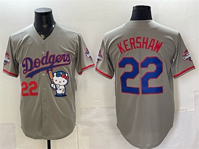 Los Angeles Dodgers #22 Clayton Kershaw Grey MWATKINS Hello Kitty Night 2025 World Series Champions Patch Stitched Jersey