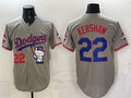 Los Angeles Dodgers #22 Clayton Kershaw Grey MWATKINS Hello Kitty Night 2025 World Series Champions Patch Stitched Jersey