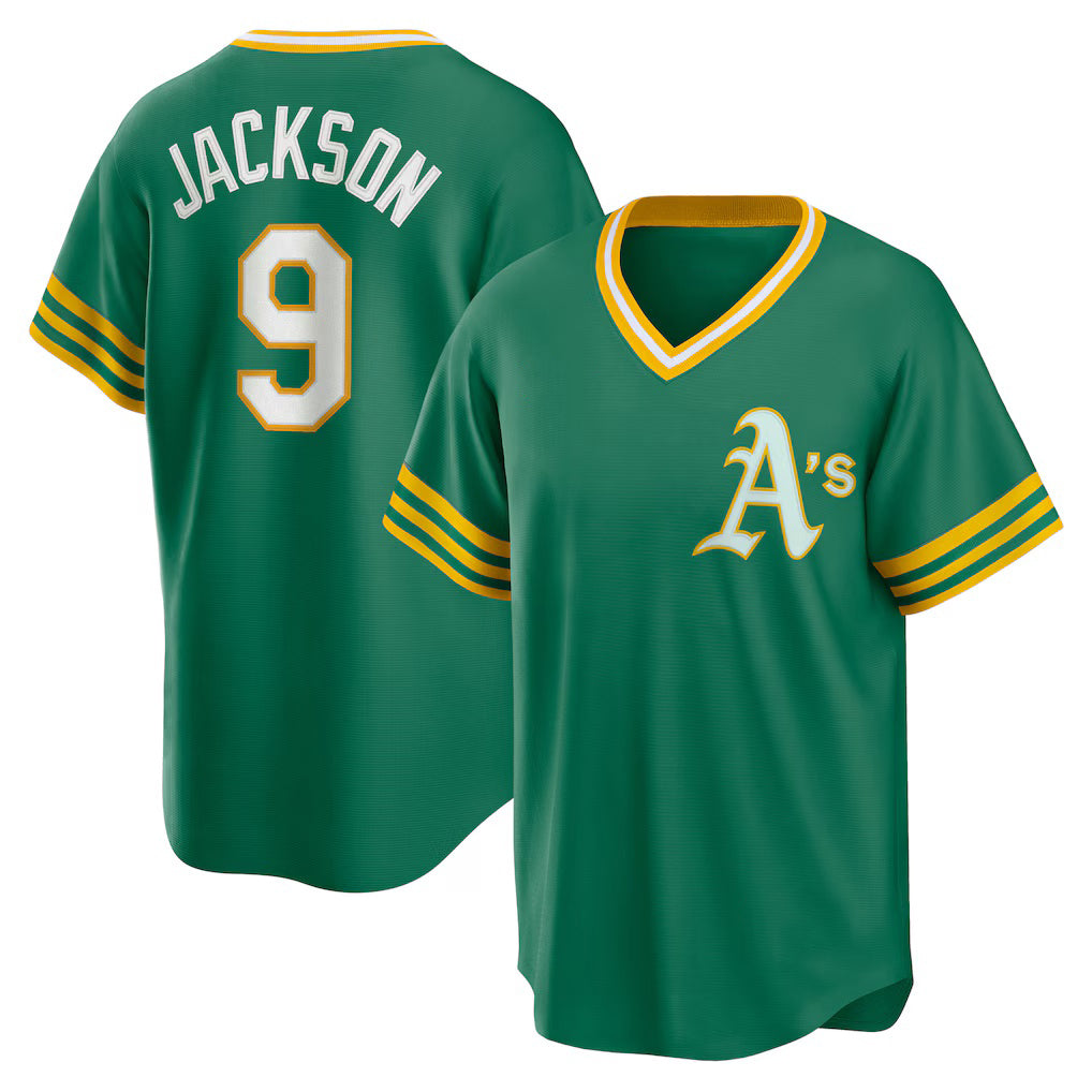 Oakland Athletics #9 Reggie Jackson Kelly Green MWATKINS Road Cooperstown Collection Player Jersey