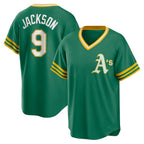 Oakland Athletics #9 Reggie Jackson Kelly Green MWATKINS Road Cooperstown Collection Player Jersey