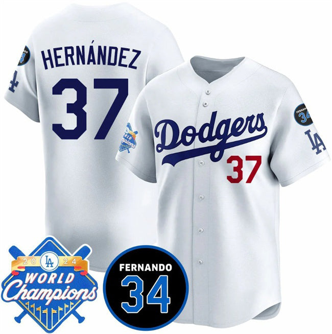 Los Angeles Dodgers #37 Teoscar Hernandez White MWATKINS 2024 World Champions & Fernando Memorial Patch Vapor Premier Home Limited Stitched Jersey