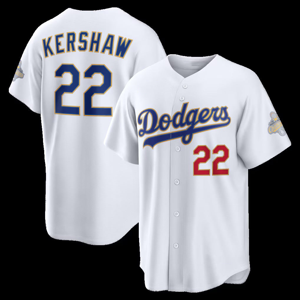 Los Angeles Dodgers #22 Clayton Kershaw White MWATKINS 2026 Gold Collection Stadium Jersey