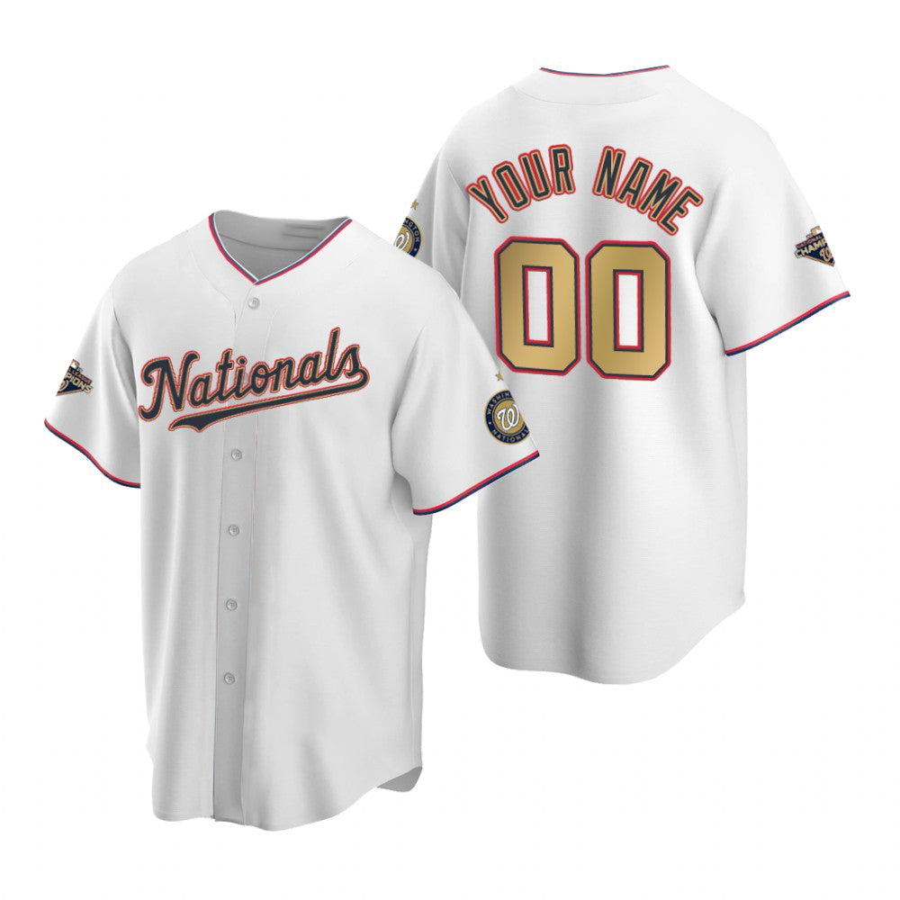 Custom Washington Nationals White Gold MWATKINS 2019 World Series Champions Stitched Cool Base Jersey