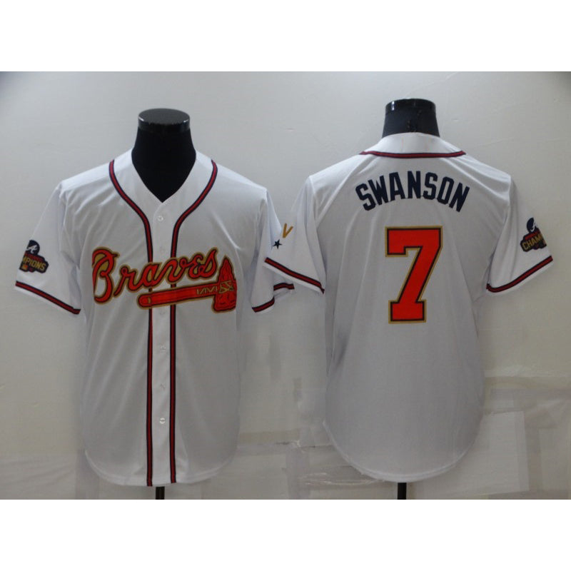 Atlanta Braves#7 Dansby Swanson 2022 White MWATKINS Gold World Series Champions Program Cool Base Stitched Jersey