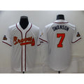 Atlanta Braves#7 Dansby Swanson 2022 White MWATKINS Gold World Series Champions Program Cool Base Stitched Jersey