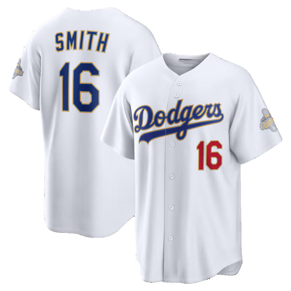 Los Angeles Dodgers #16 Will Smith White MWATKINS 2026 Gold Collection Stadium Jersey