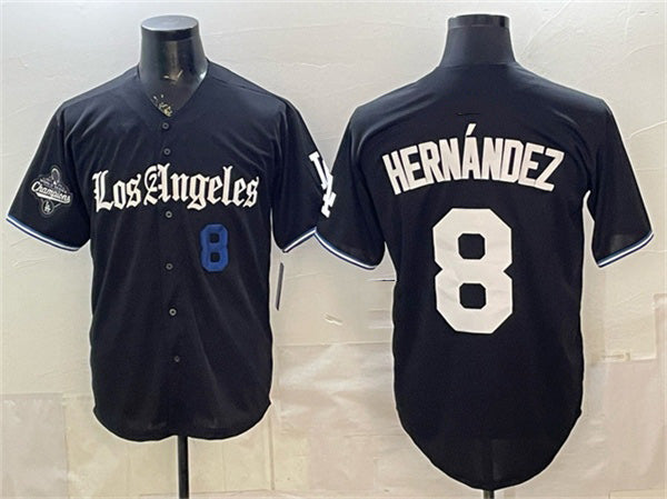 Los Angeles Dodgers #8 Enrique Hernandez Black MWATKINS 2025 World Series Champions Patch 'Gothic Edition' Vapor Premier Limited Stitched Jersey