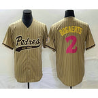 San Diego Padres #2 Xander Bogaerts Tan MWATKINS Pinstripe 2023 City Connect Cool Base Stitched Jersey