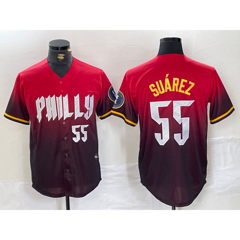 Philadelphia Phillies #55 Ranger Suarez Red MWATKINS 2024 City Player Number Cool Base Jersey 3