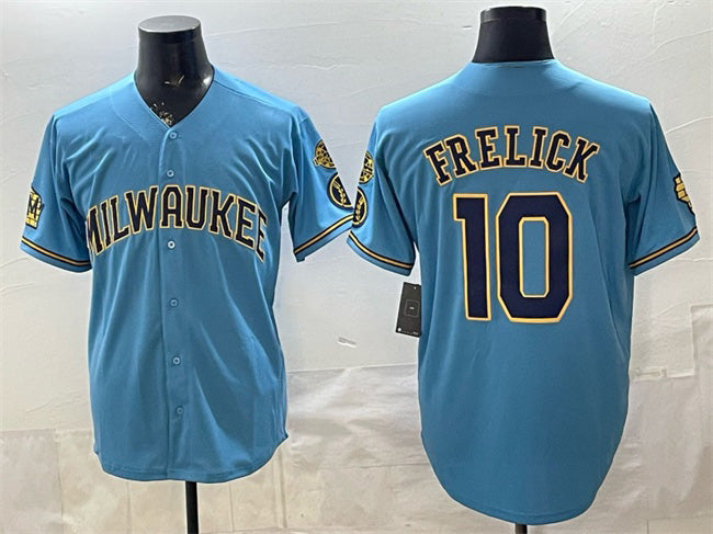 Milwaukee Brewers #10 Sal Frelick Blue MWATKINS With Home & Bob Uecker Patch Stitched Jersey