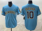 Milwaukee Brewers #10 Sal Frelick Blue MWATKINS With Home & Bob Uecker Patch Stitched Jersey