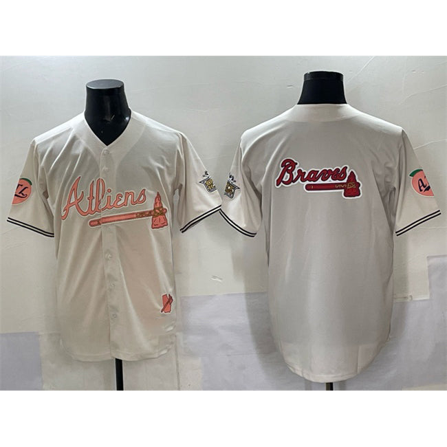 Atlanta Braves Team Big Logo Cream MWATKINS 2024 Atliens & Peach With Outkast Patch Vapor Limited Stitched Jersey
