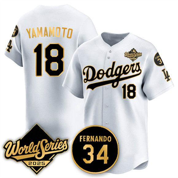 Los Angeles Dodgers #18 Yoshinobu Yamamoto White Gold MWATKINS 2025 World Series With No.34 Patch Limited Stitched Jersey