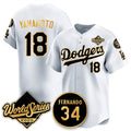 Los Angeles Dodgers #18 Yoshinobu Yamamoto White Gold MWATKINS 2025 World Series With No.34 Patch Limited Stitched Jersey