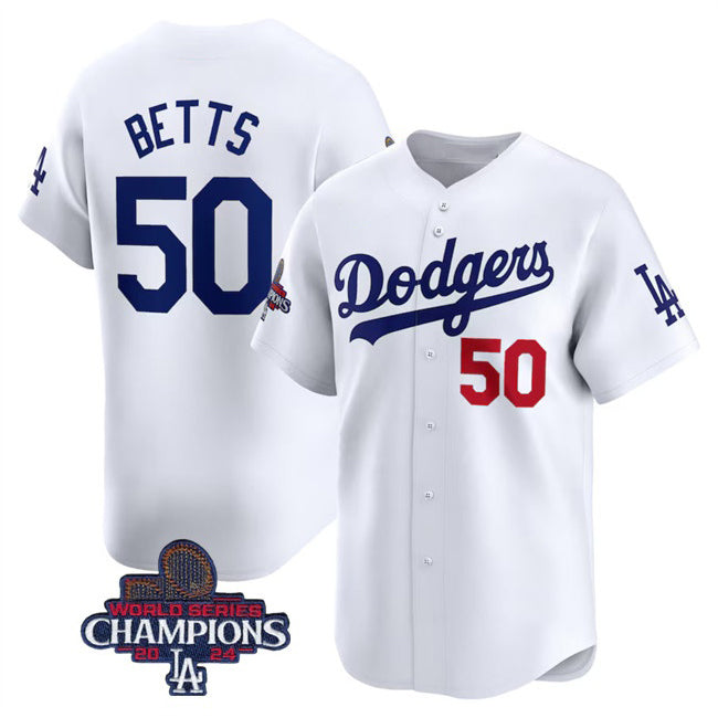 Los Angeles Dodgers #50 Mookie Betts White MWATKINS 2024 World Series Champions Home Limited Stitched Jersey