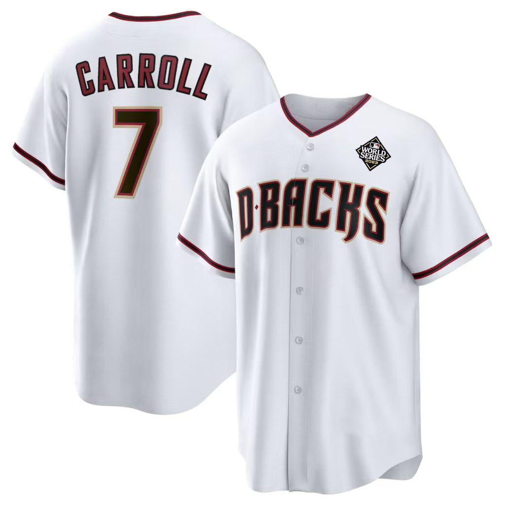 Arizona Diamondbacks #7 Corbin Carroll White MWATKINS 2023 World Series Cool Base Stitched Jersey 2