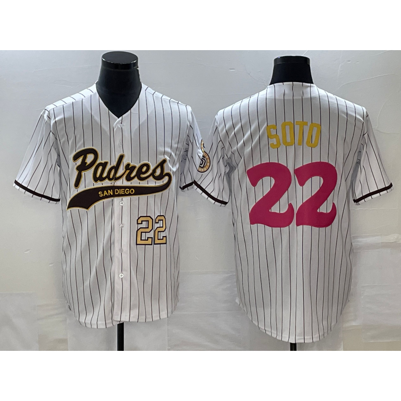 San Diego Padres #22 Juan Soto Number White MWATKINS Pinstripe 2023 City Connect Cool Base Stitched Jersey