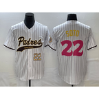 San Diego Padres #22 Juan Soto Number White MWATKINS Pinstripe 2023 City Connect Cool Base Stitched Jersey