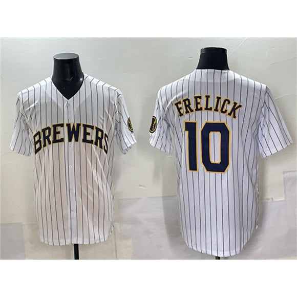 Milwaukee Brewers #10 Sal Frelick White MWATKINS Pinstripe 2025 With Patch Stitched Jersey