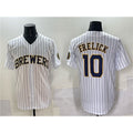 Milwaukee Brewers #10 Sal Frelick White MWATKINS Pinstripe 2025 With Patch Stitched Jersey
