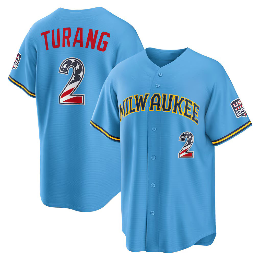 Milwaukee Brewers #2 Brice Turang USA 250 Fourth of July Road Stadium Jersey - Light Blue MWATKINS