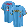 Milwaukee Brewers #2 Brice Turang USA 250 Fourth of July Road Stadium Jersey - Light Blue MWATKINS