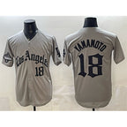 Los Angeles Dodgers #18 Yoshinobu Yamamoto Grey MWATKINS LA Gothic Style With 2025 World Series Champions Patch Limited Stitched Jersey