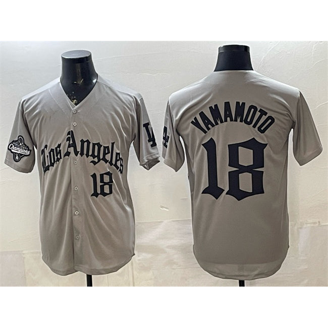 Los Angeles Dodgers #18 Yoshinobu Yamamoto Grey MWATKINS LA Gothic Style With 2025 World Series Champions Patch Limited Stitched Jersey
