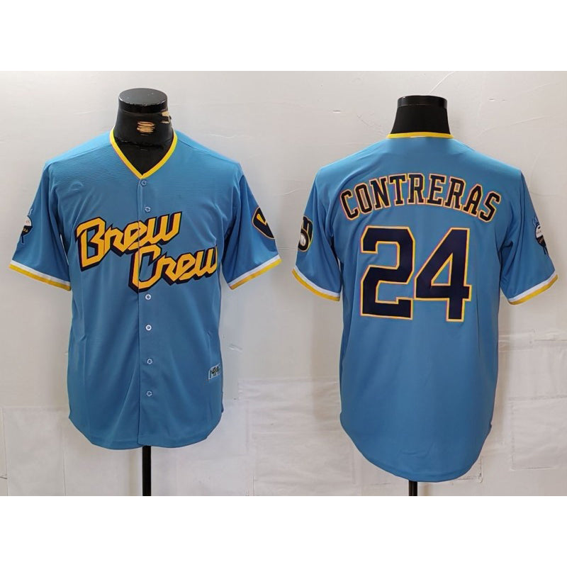 Milwaukee Brewers #24 William Contreras Blue MWATKINS 2022 City Connect Cool Base Stitched Jersey