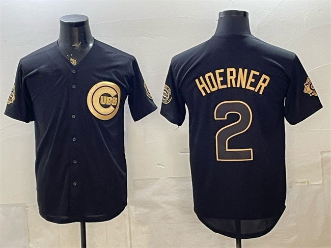 Chicago Cubs #2 Nico Hoerner Black Gold MWATKINS 150th Anniversary Patch Stitched Jersey