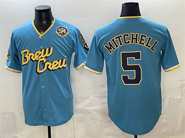 Milwaukee Brewers #5 Garrett Mitchell Powder Blue MWATKINS City Connect With Home & Bob Uecker Patch Limited Stitched Jersey