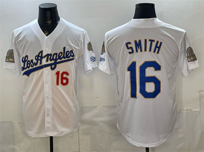 Los Angeles Dodgers #16 Will Smith White MWATKINS 2026 Gold Collection 9x & B2B Champs Patch Stitched Jersey