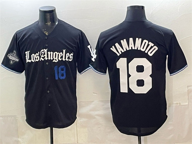 Los Angeles Dodgers #18 Yoshinobu Yamamoto Black MWATKINS 2025 World Series Champions Patch 'Gothic Edition' Vapor Premier Limited Stitched Jersey