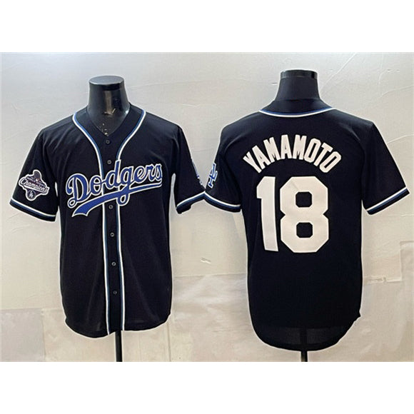 Los Angeles Dodgers #18 Yoshinobu Yamamoto Black MWATKINS 2025 World Series Champions Patch Cool Base Stitched Jersey