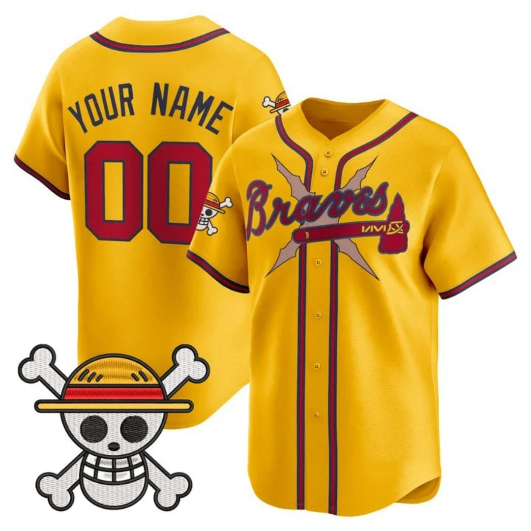 Custom Atlanta Braves x One Piece Gold MWATKINS Vapor Premier Limited Jersey - Stitched