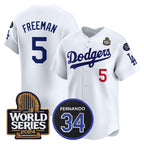 Los Angeles Dodgers #5 Freddie Freeman White MWATKINS 2024 World Series With Fernando Memorial Patch Limited Stitched Jersey