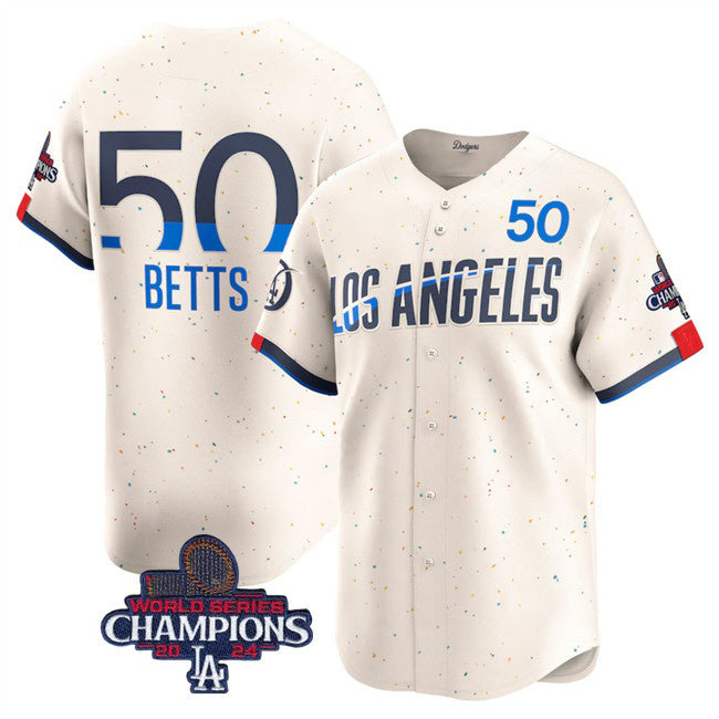 Los Angeles Dodgers #50 Mookie Betts Cream MWATKINS 2024 World Series Champions City Connect Limited Stitched Jersey