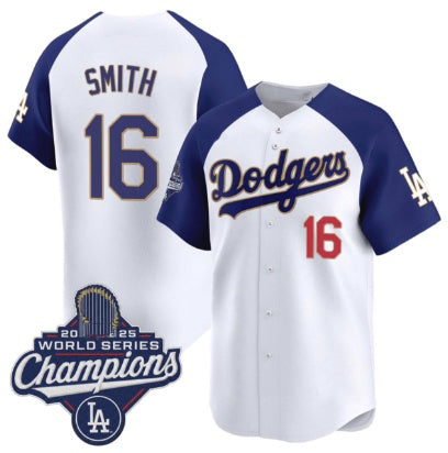 Los Angeles Dodgers #16 Will Smith White Blue MWATKINS 2025 Champions Stitched Jersey