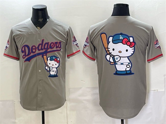 Los Angeles Dodgers Team Big Logo Grey MWATKINS Hello Kitty Night 2025 World Series Champions Patch Stitched Jersey